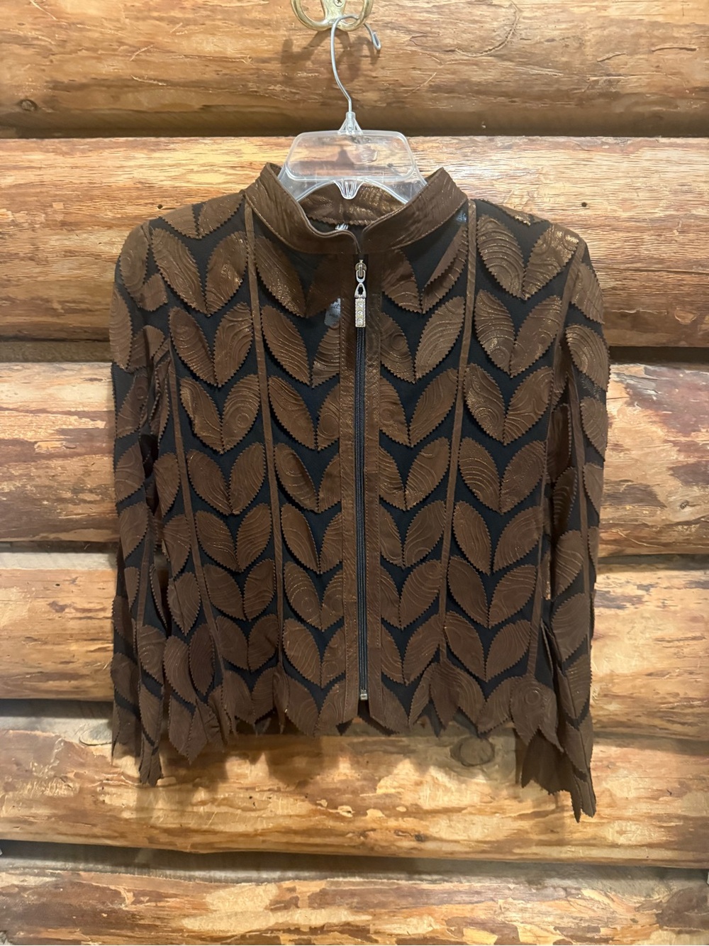 Women’s Brown Leaf-Pattern Zip Jacket